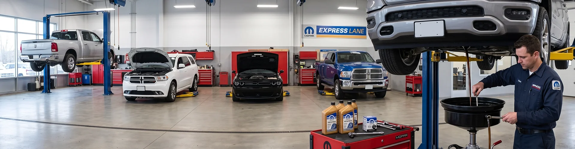 A Briggs Dodge Ram Fiat technician in a Mopar Express Lane uniform draining fluid into a black drain pan beneath a silver Ram truck raised on a lift, with Mopar fluid quarts and wrenches on a red tool cart and a silver Ram, white Durango, black Challenger and blue Ram parked in the bays under the Mopar Express Lane sign