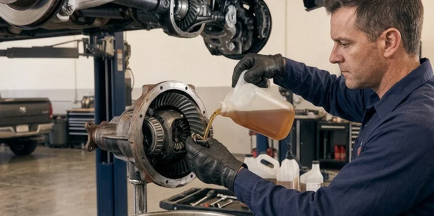A Briggs Dodge Ram Fiat technician pouring fresh gear oil from a jug into an open front differential housing on a stand, beneath a truck raised on a two-post lift with bottles of fluid on the bench behind him