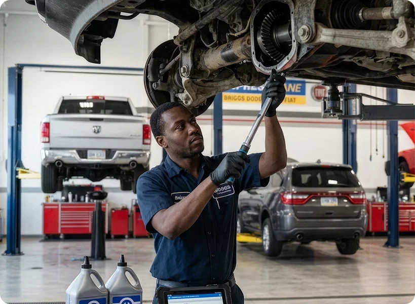 A Briggs Dodge Ram Fiat technician reaching up with a torque wrench to tighten the front differential of a truck raised overhead on a lift, with the Briggs Dodge Ram Fiat Express Lane sign, a silver Ram on a lift and a gray Dodge Durango behind him and two jugs of gear oil beside a service tablet in the foreground