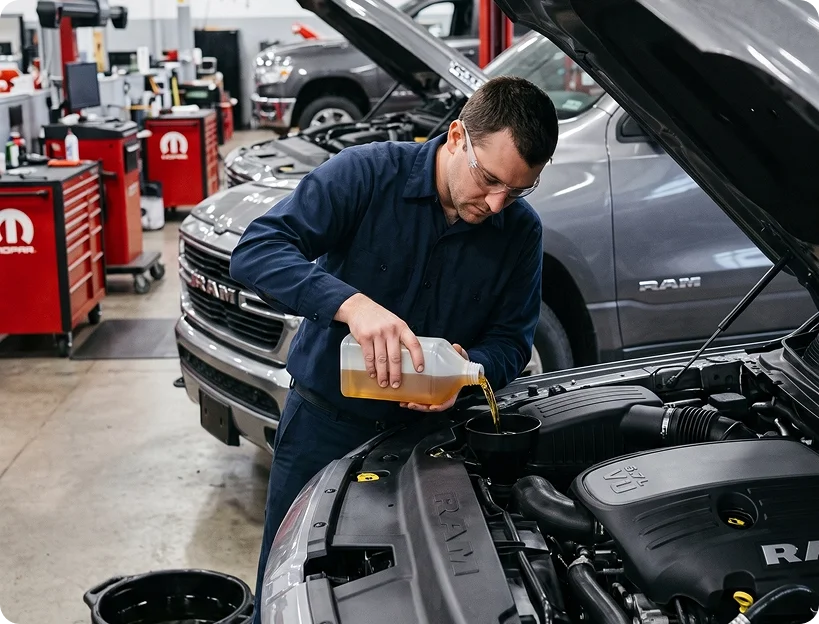 A Briggs Dodge Ram Fiat technician in safety glasses pouring fresh motor oil through a funnel into the engine of a gray Ram 1500 with the hood raised, with red Mopar tool chests and another Ram behind him
