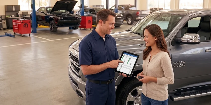 A Briggs Dodge Ram Fiat service advisor showing a tablet with a multi-point inspection report to a customer standing beside her gray Ram 1500 in the service bay, with a Dodge Challenger and another Ram on lifts behind them