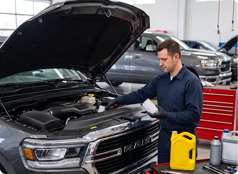 A certified technician wearing black gloves holding a new oil filter beside the open engine bay of a dark gray Ram 1500, with jugs of motor oil and a red tool chest on the bench beside him