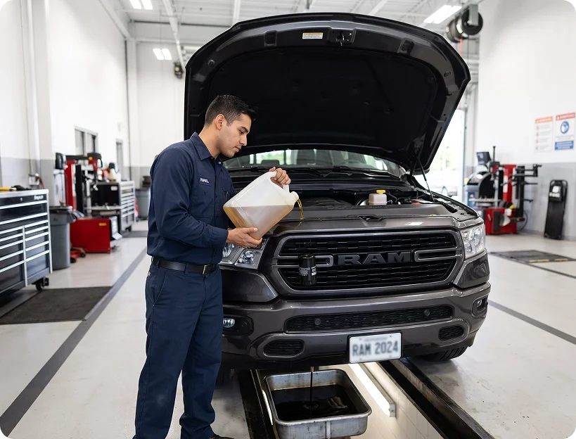 A Briggs Dodge Ram FIAT technician pouring fresh motor oil into the engine of a Ram 1500 with the hood raised
