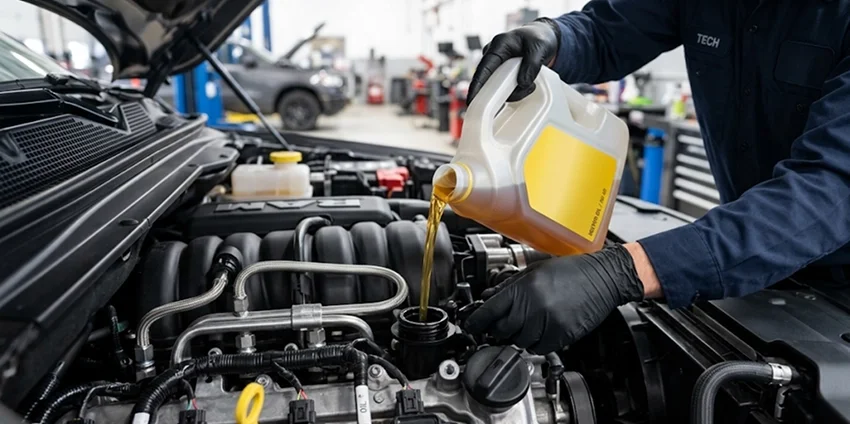 A gloved technician pouring motor oil from a jug into the oil fill port of an engine