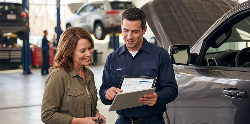 A Briggs Dodge Ram FIAT service advisor reviewing a tablet with a customer beside her pickup in the service bay