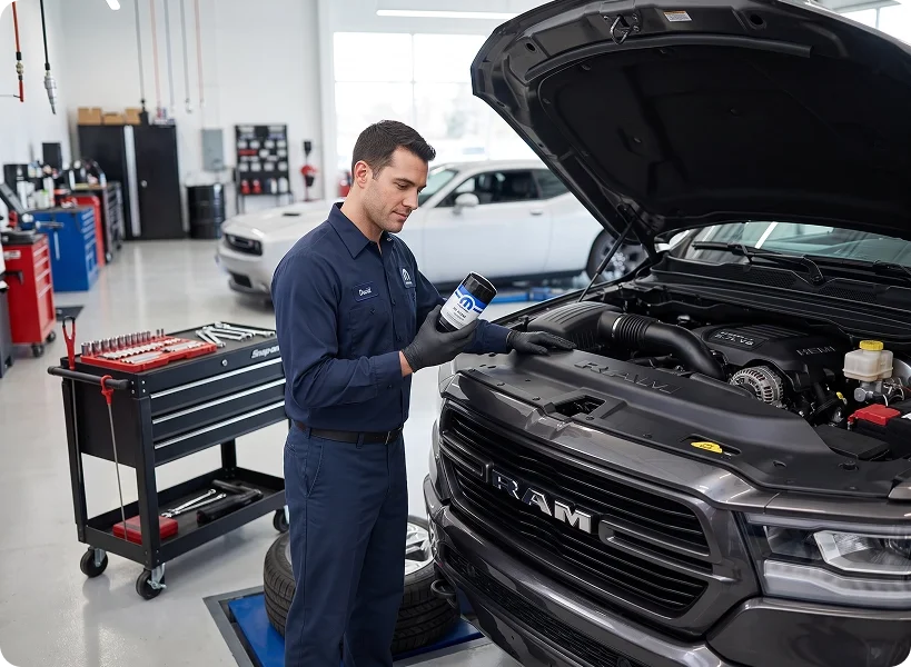 A certified technician holding a Mopar oil filter beside the open engine bay of a Ram 1500