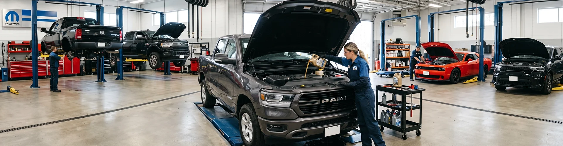 A wide view of the Briggs Dodge Ram Fiat service shop where a technician pours fresh oil into a gray Ram 1500 on a drive-on lift, with a Mopar sign on the wall, two Ram pickups raised on lifts, an orange Dodge Challenger and a Dodge Durango in the surrounding bays