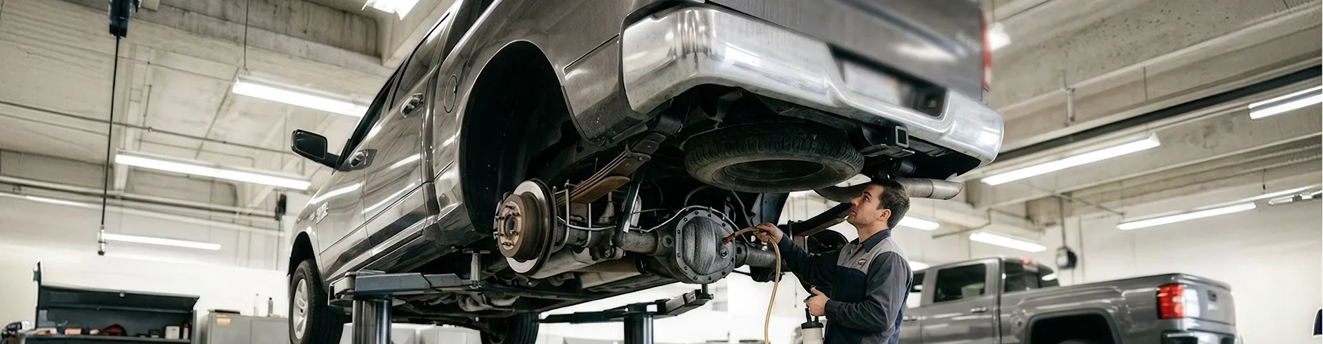 A pickup raised on a lift in the Briggs Dodge Ram Fiat shop while a technician works on the rear axle from underneath