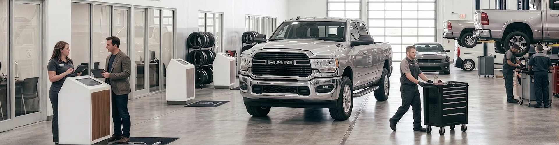 A silver Ram heavy duty parked in the Briggs Dodge Ram Fiat service drive while an advisor reviews a tablet with a customer at the check-in kiosk and a technician rolls a tool cart past, with another Ram up on a lift in the background