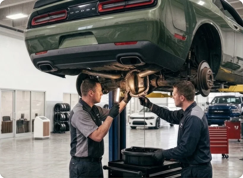 Two Briggs Dodge Ram Fiat technicians inspecting the rear differential of a green Dodge Challenger raised on a lift, a drain pan on the cart between them