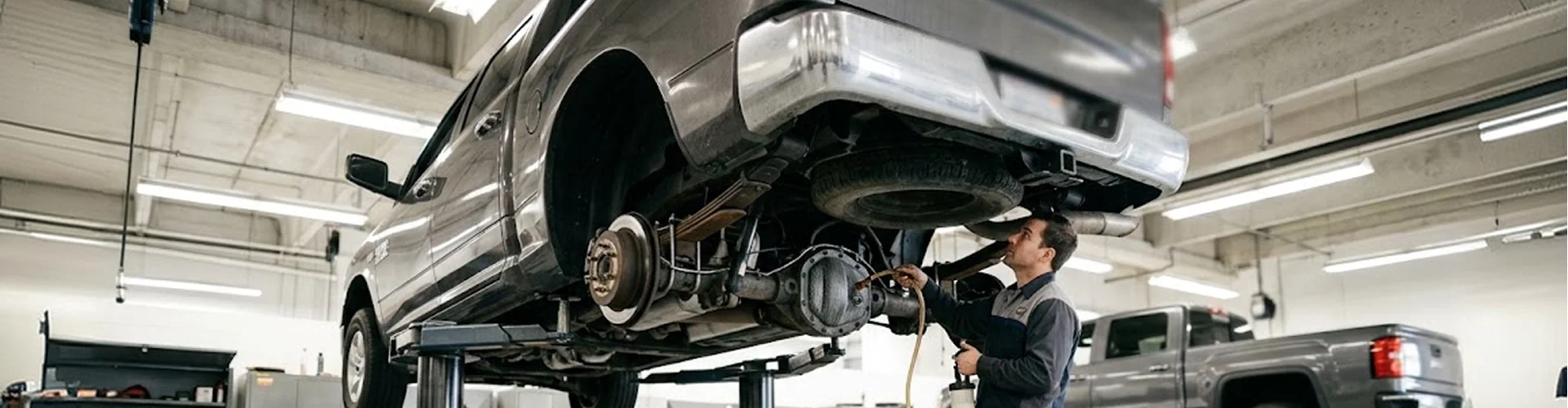 A pickup raised on a lift in the Briggs Dodge Ram FIAT shop while a technician works on the rear axle from underneath