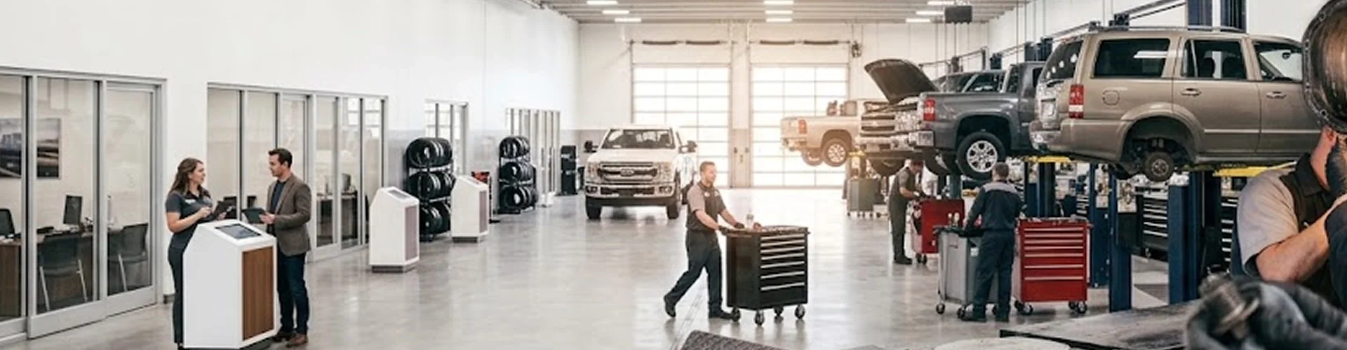 The Briggs Dodge Ram FIAT service department with trucks on lifts, technicians at work, and an advisor greeting a customer