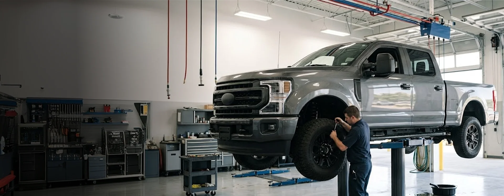 A silver crew cab truck raised on a service lift while a Briggs Dodge Ram FIAT technician works at the rear wheel