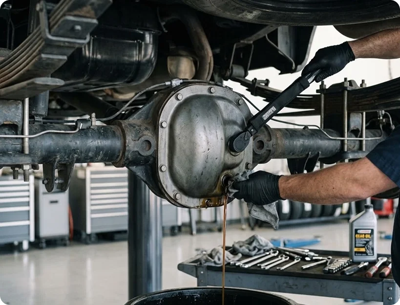 A technician loosening the cover bolts on a truck rear differential with fluid draining into a pan below