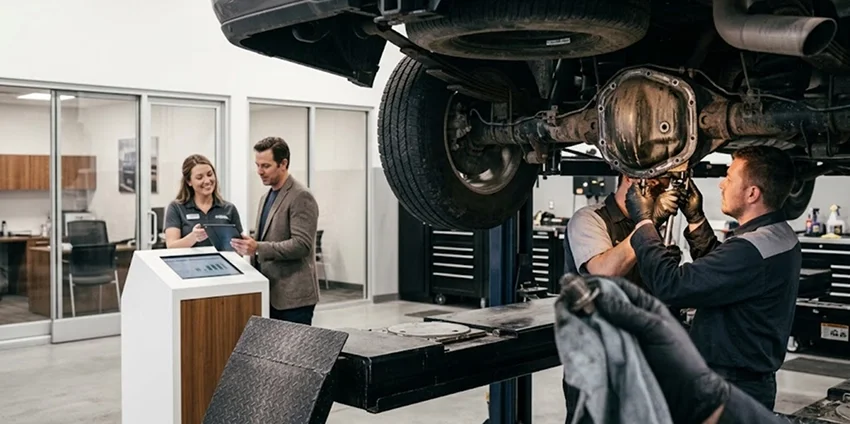 Two Briggs Dodge Ram FIAT technicians servicing a rear axle on a lift while an advisor meets a customer at the desk behind them
