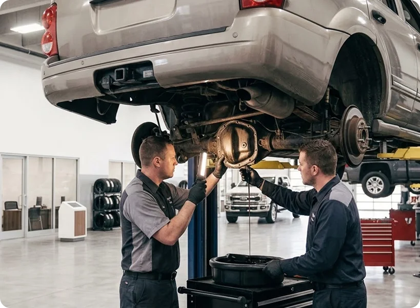 Two Briggs Dodge Ram FIAT technicians inspecting the rear differential of an SUV raised on a lift, a drain pan on the cart between them