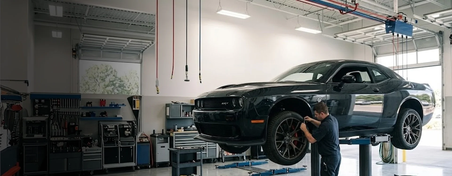 A black Dodge Challenger SRT raised on a service lift while a Briggs Dodge Ram Fiat technician works at its front wheel, tool cabinets and shop equipment lining the wall behind