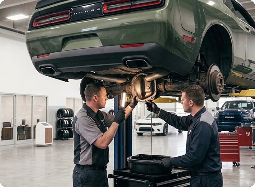 Two Briggs Dodge Ram Fiat technicians inspecting the rear differential of a green Dodge Challenger raised on a lift, a drain pan on the cart between them