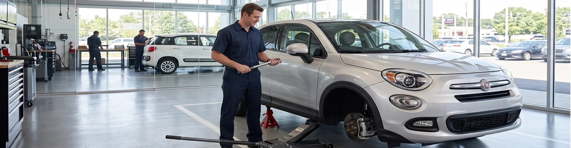 A Briggs Dodge Ram Fiat technician holding a torque wrench beside a silver Fiat 500X raised on a floor jack with its front wheel removed, a white Fiat and two more technicians in the glass-walled shop behind him