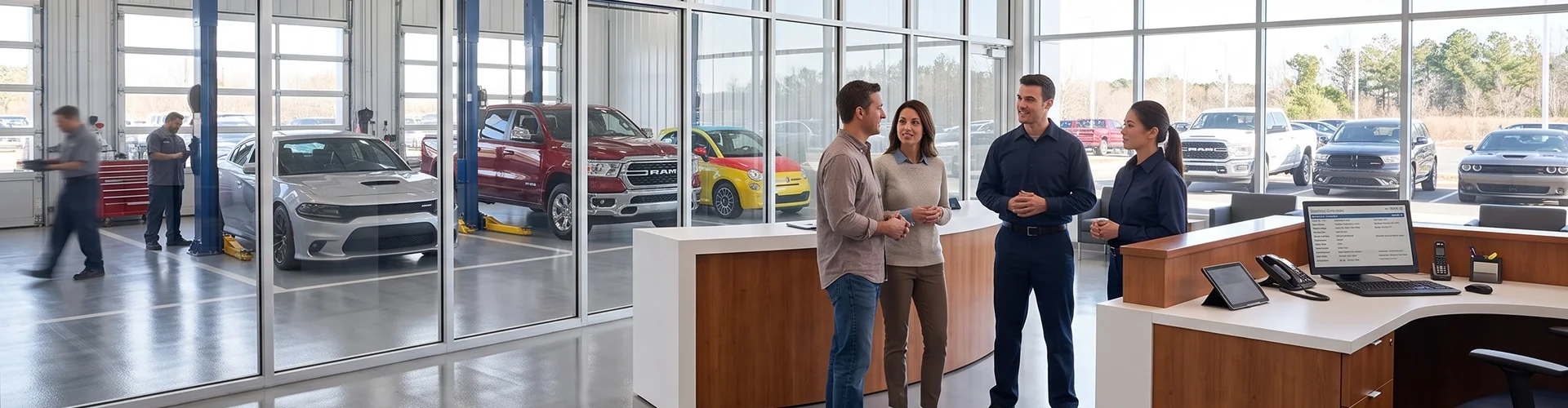 A couple talking with a technician and a service advisor at the Briggs Dodge Ram Fiat service desk, with a silver Dodge Charger on a lift, a red Ram and a yellow Fiat in the glass-walled bays behind them