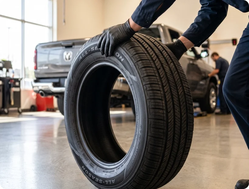A close-up of a gloved Briggs Dodge Ram Fiat technician standing an all-season tire upright on the shop floor beside a gray Ram truck while another technician works in the background
