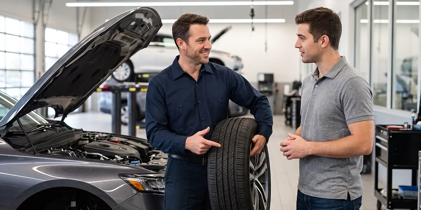 A Briggs Dodge Ram Fiat technician holding a tire upright and pointing at its tread while explaining the wear to a customer in the service bay