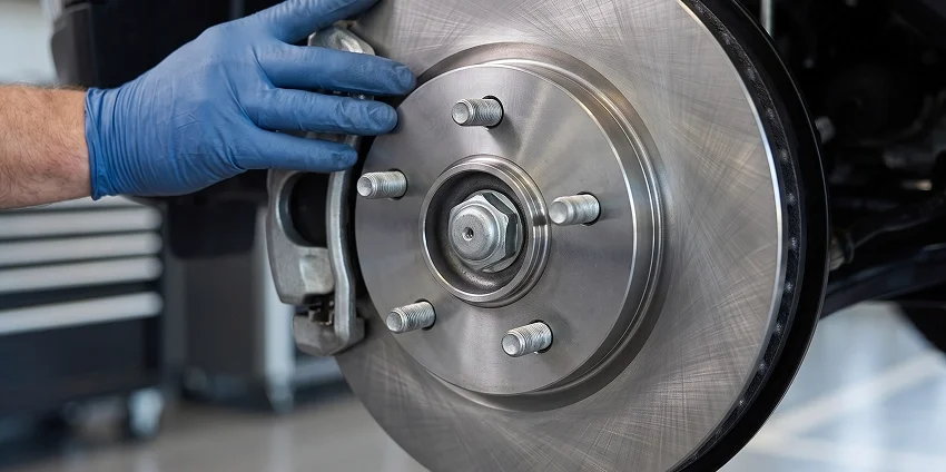 A close-up of a blue-gloved technician's hand resting on the exposed brake rotor and five-lug hub of a vehicle with the wheel removed