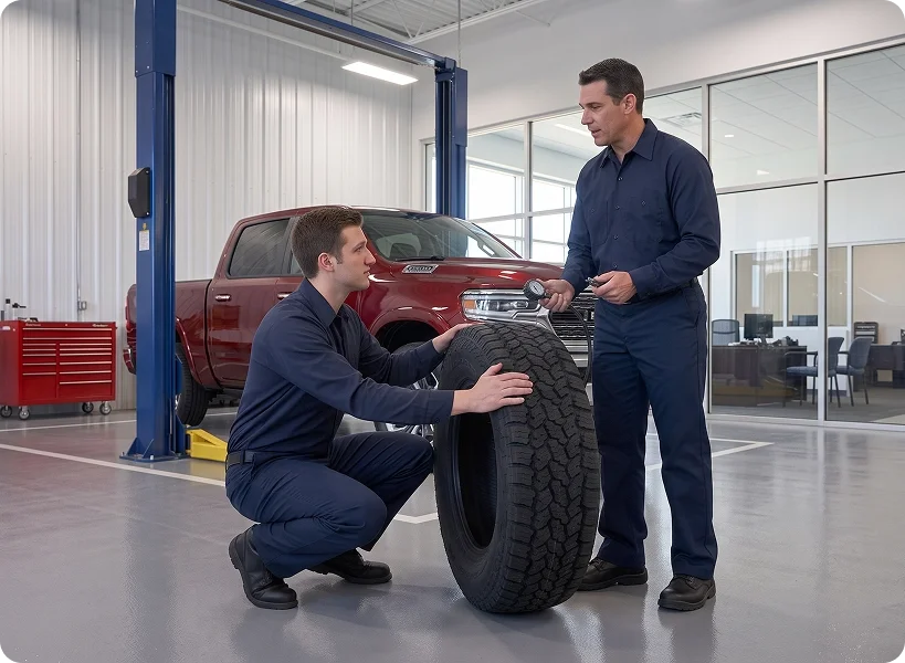 Two Briggs Dodge Ram Fiat technicians inspecting an all-terrain tire with a tread depth gauge beside a red Ram truck on a lift