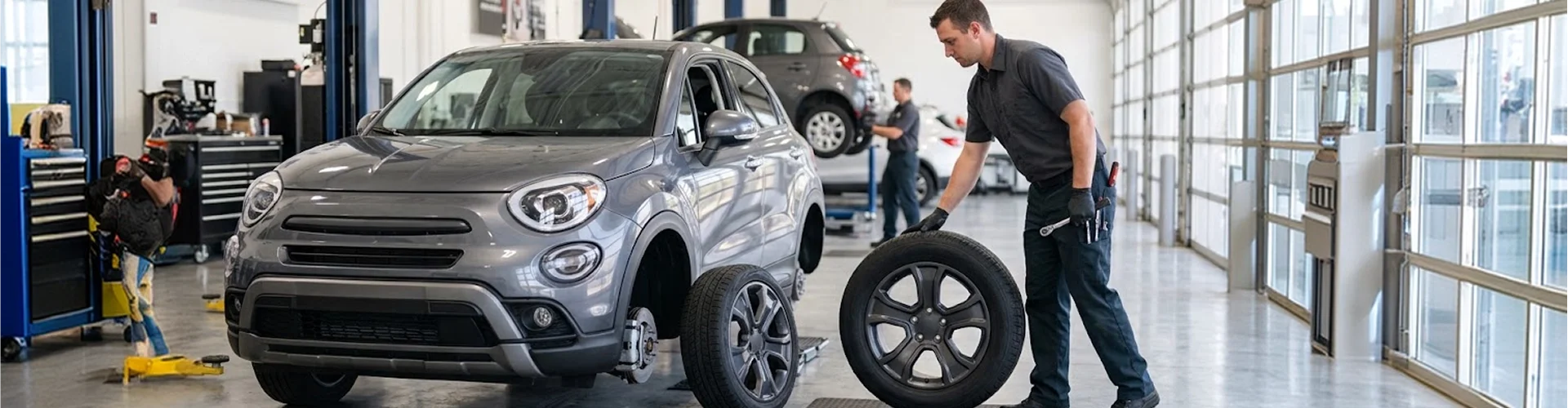 A FIAT 500X on a lift with its wheels off while a technician rolls a tire across the service bay