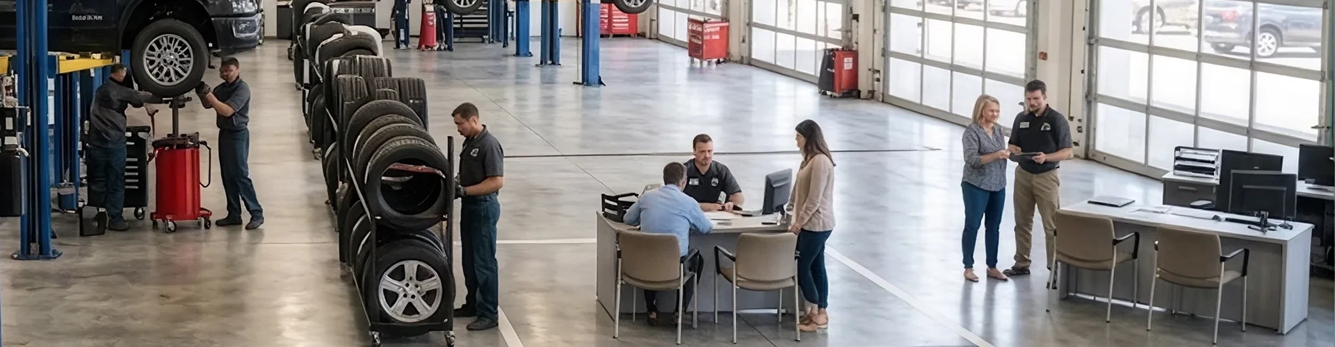 The Briggs Dodge Ram FIAT service department with a rack of tires, vehicles on lifts, and customers at the service desk