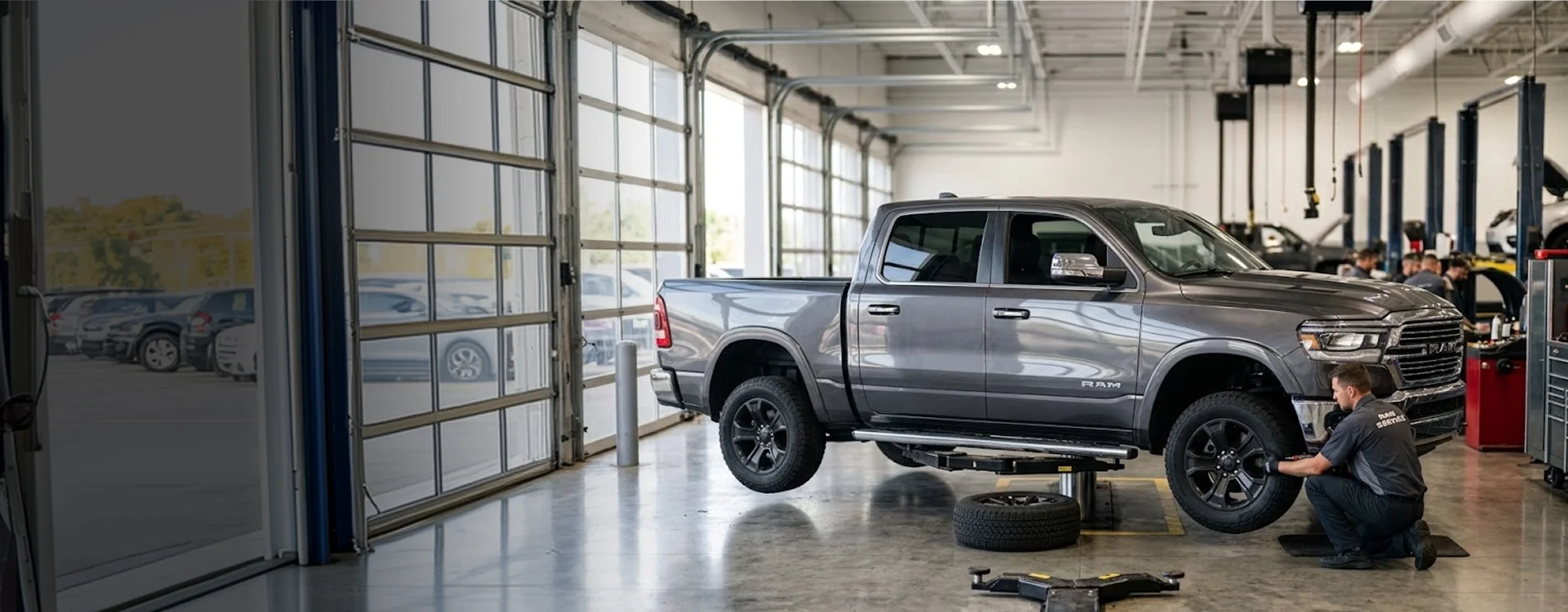 A Ram 1500 raised on a service lift with a front wheel removed while a Briggs Dodge Ram FIAT technician works at the hub