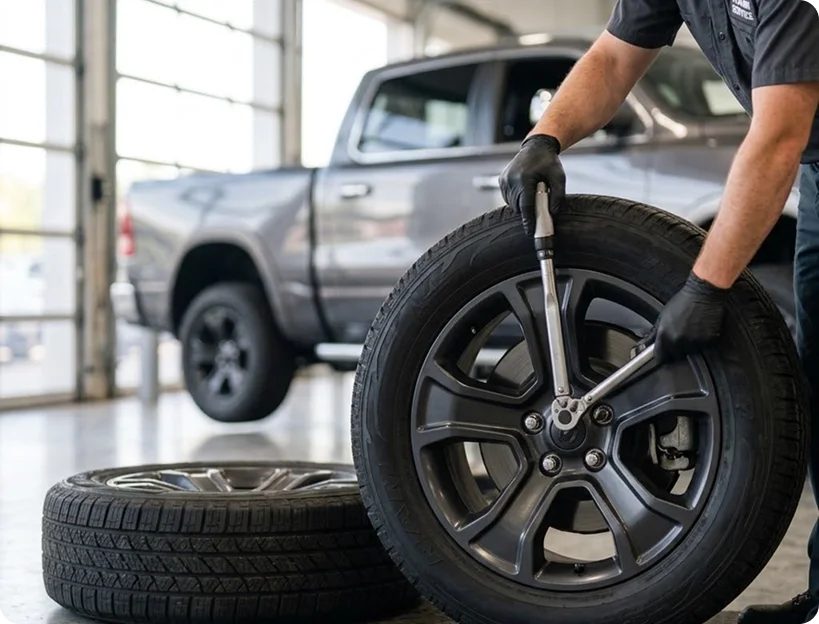 A technician tightening a Ram wheel with a torque wrench, a second tire standing on the shop floor beside it
