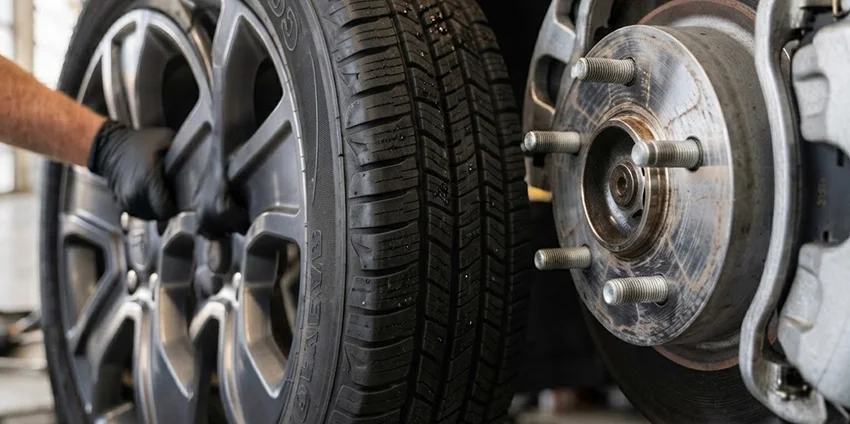 A gloved technician lifting a wheel away from the exposed brake rotor and hub during a tire rotation