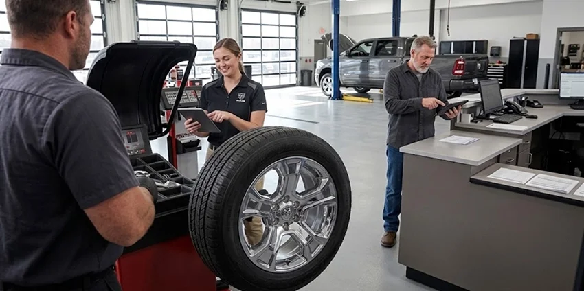 Briggs Dodge Ram FIAT staff checking a wheel on the balancer while a customer speaks with an advisor at the service desk