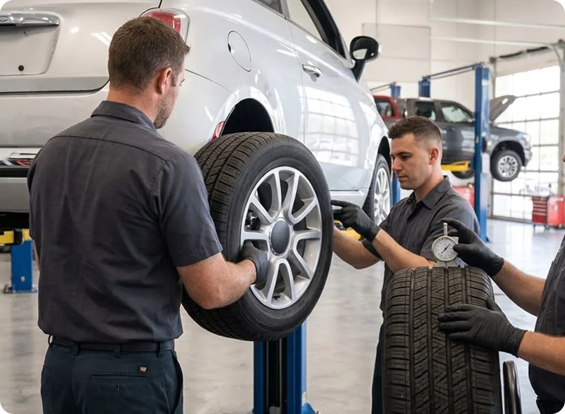 Two technicians measuring tread depth with a gauge while rotating the wheels on a vehicle raised on a lift
