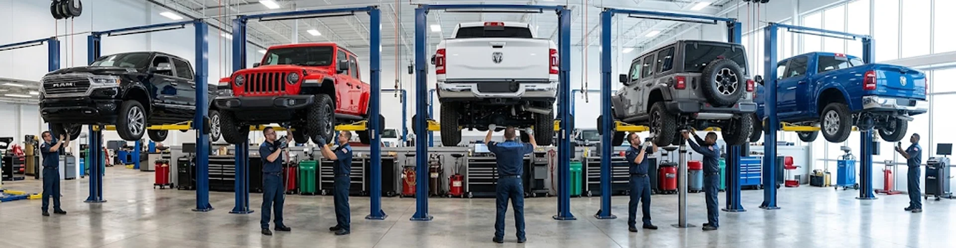 Five Ram trucks and a red Jeep Wrangler raised on lifts across the Briggs Dodge Ram FIAT service floor with a technician working under each one