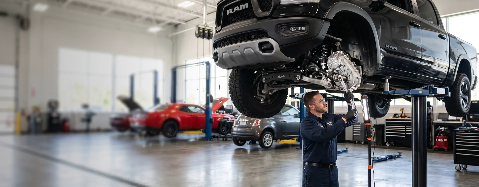 A black Ram 1500 Rebel raised on a lift while a Briggs Dodge Ram FIAT technician inspects its transfer case with a work light, a red Dodge Challenger and a FIAT 500X in the bays behind