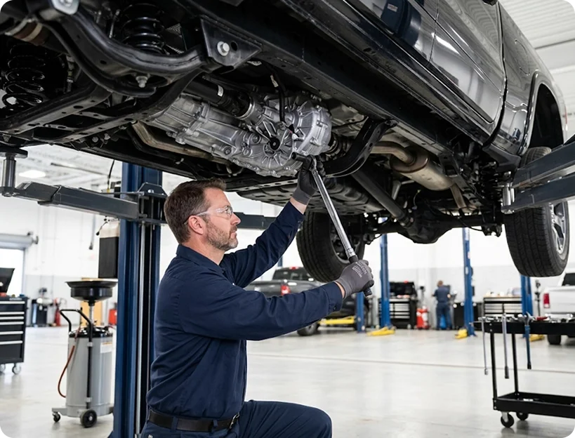 A Briggs Dodge Ram FIAT technician kneeling under a raised truck to unbolt the transfer case, a fluid caddy standing beside the lift