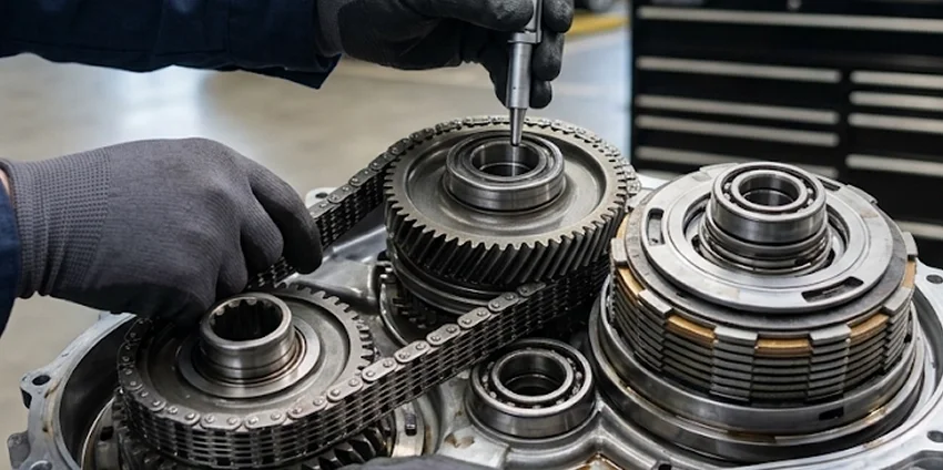 A gloved technician working inside an opened transfer case on the bench, its drive chain, gears and clutch pack exposed
