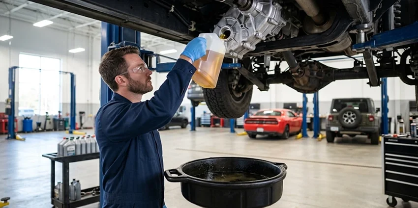 A Briggs Dodge Ram FIAT technician pouring fresh fluid into the transfer case of a raised truck with a drain pan on the floor below