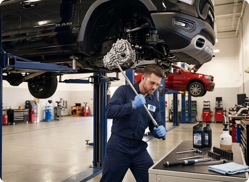 A Briggs Dodge Ram FIAT technician guiding a transfer case up to a raised Ram on a transmission jack, fresh fluid bottles on the bench beside him