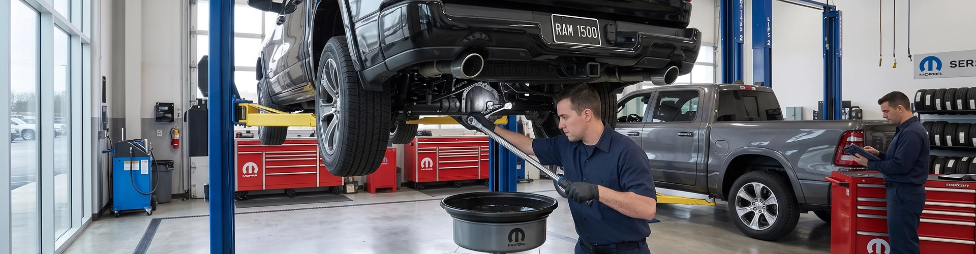 A black Ram 1500 raised on a two-post lift in the Briggs Dodge Ram Fiat service shop while a technician reaches up with a long torque wrench to the transfer case, a Mopar drain pan on the floor beneath him, red Mopar tool chests along the wall, a gray Ram parked in the next bay and a second technician working a tablet by the tire display