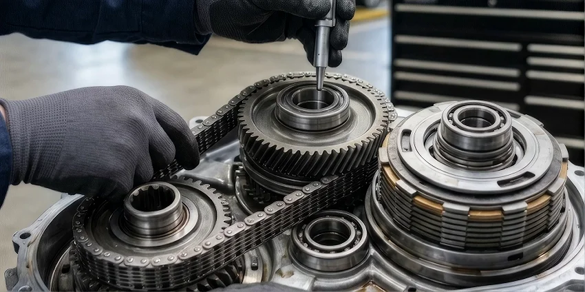 A gloved technician working inside an opened transfer case on the bench, its drive chain, gears and clutch pack exposed