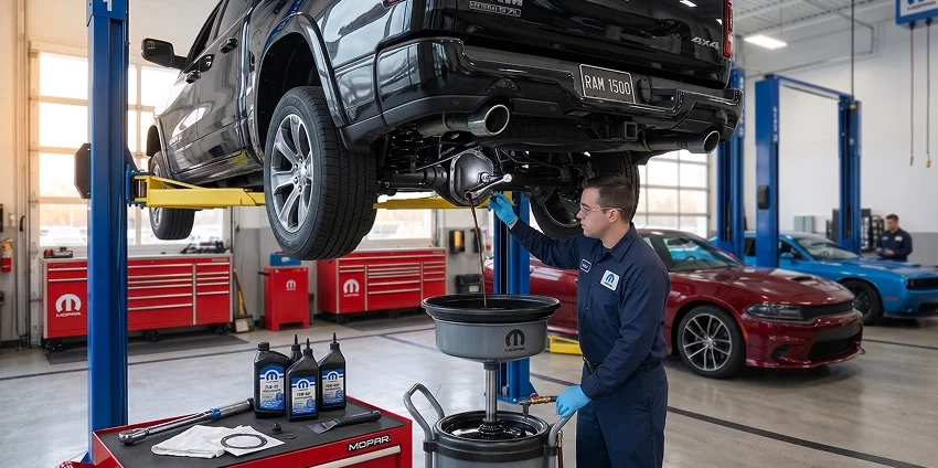 A Briggs Dodge Ram Fiat technician in safety glasses and blue gloves draining used fluid from the transfer case of a black Ram 1500 raised on a lift into a Mopar drain caddy, with Mopar fluid bottles and hand tools staged on a red cart and a dark red Dodge Charger and blue Challenger in the bays behind