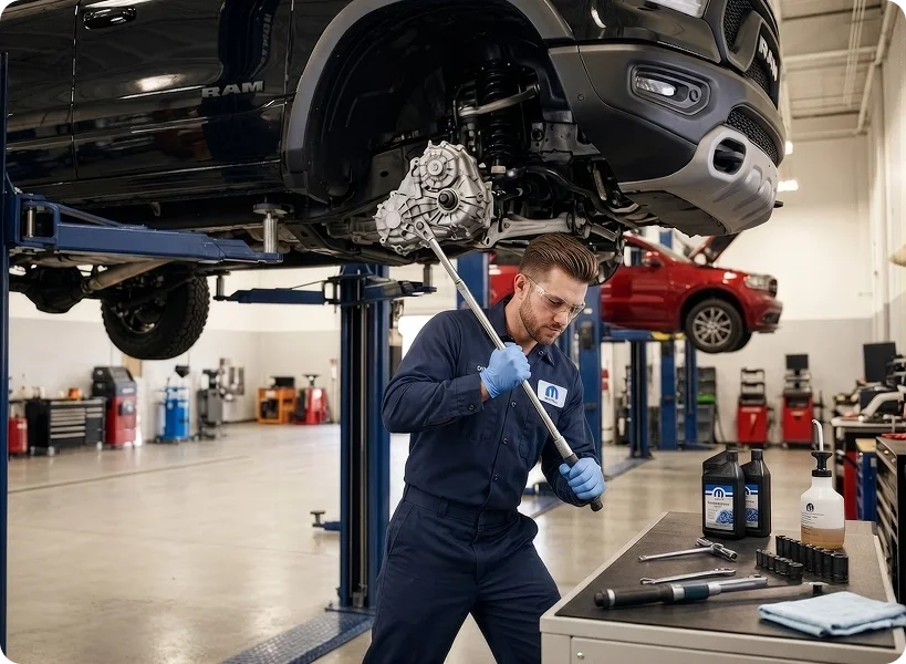 A Briggs Dodge Ram Fiat technician in safety glasses and blue gloves working a long torque wrench on the transfer case of a black Ram Rebel raised overhead on a lift, with Mopar fluid bottles, a socket set and hand tools laid out on the bench beside him and a red Dodge Durango on a lift behind