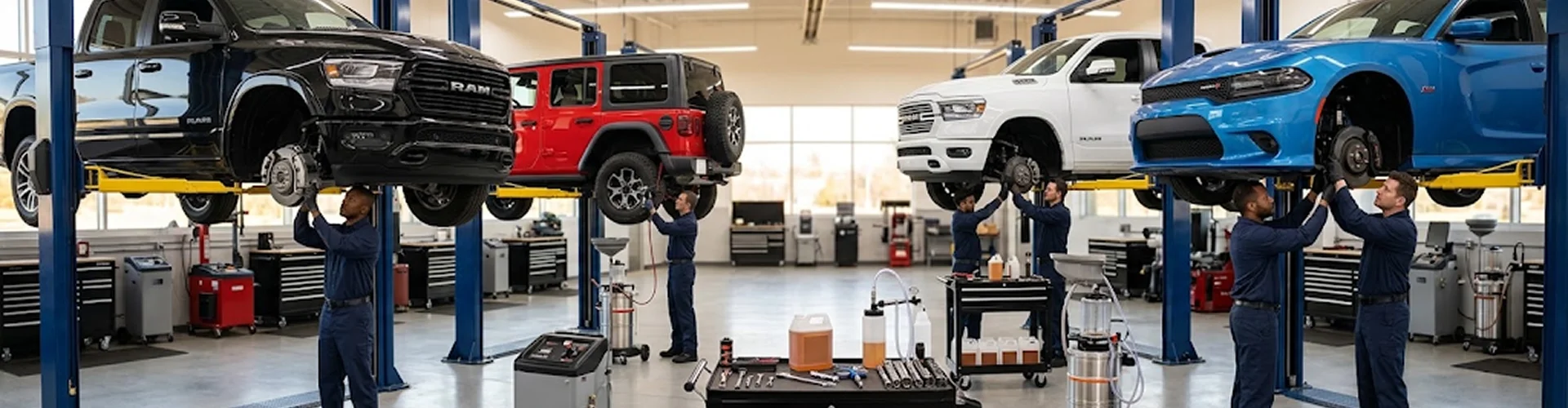 Four vehicles raised on lifts across the Briggs Dodge Ram Fiat shop, a black Ram, a red Jeep Wrangler, a white Ram and a blue Dodge Charger, with technicians servicing the brakes on each