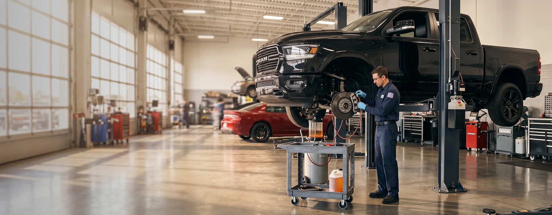 A black Ram 1500 raised on a two-post lift with a wheel removed while a Briggs Dodge Ram Fiat technician services the front brake assembly, a brake bleeder cart parked beneath