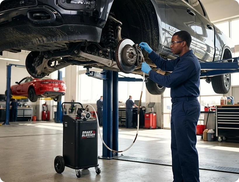 A Briggs Dodge Ram Fiat technician working on the exposed front brake rotor and caliper of a vehicle raised on a lift, a brake bleeder machine standing on the shop floor below
