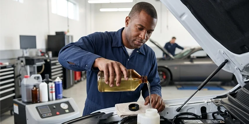 A Briggs Dodge Ram Fiat technician pouring fresh brake fluid from a bottle into the master cylinder reservoir under an open hood