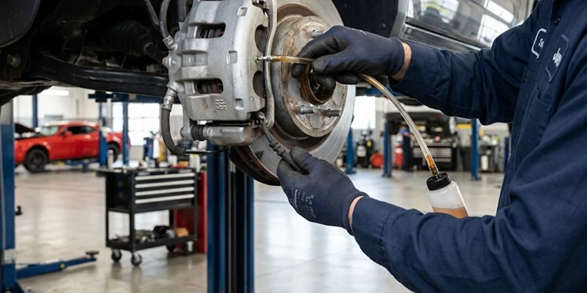 A gloved technician bleeding a brake caliper on a raised vehicle, clear tubing carrying old fluid away from the bleeder screw
